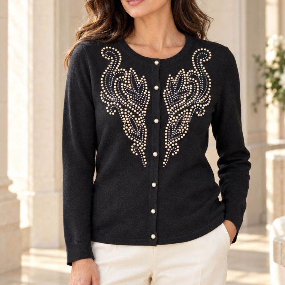 Bob Mackie Wearable Art Black Pearl Embellished Cardigan S Romantic Glam
